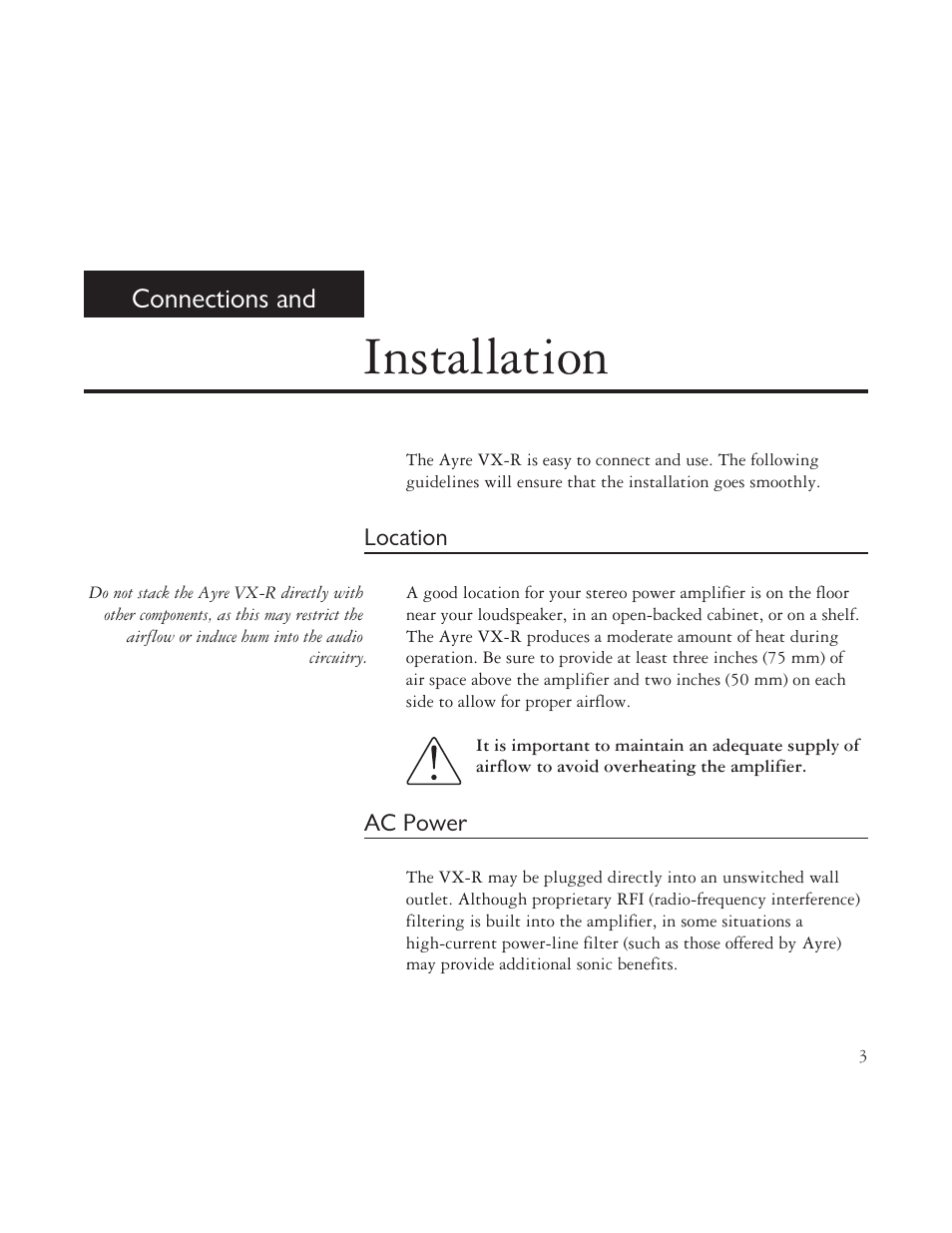 Installation, Connections and | AYRE VX-R User Manual | Page 3 / 24