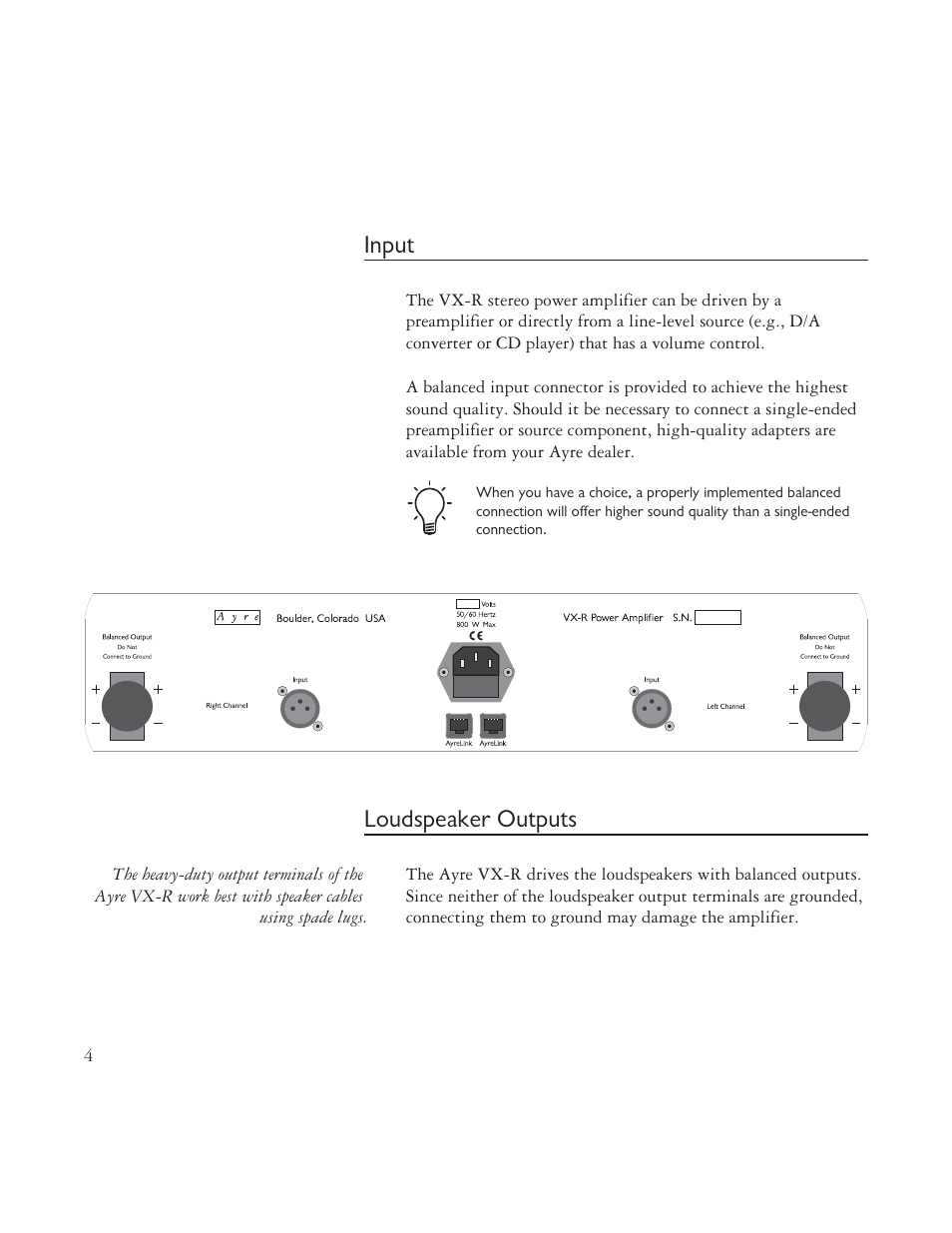 Input, Loudspeaker outputs | AYRE VX-R User Manual | Page 4 / 24