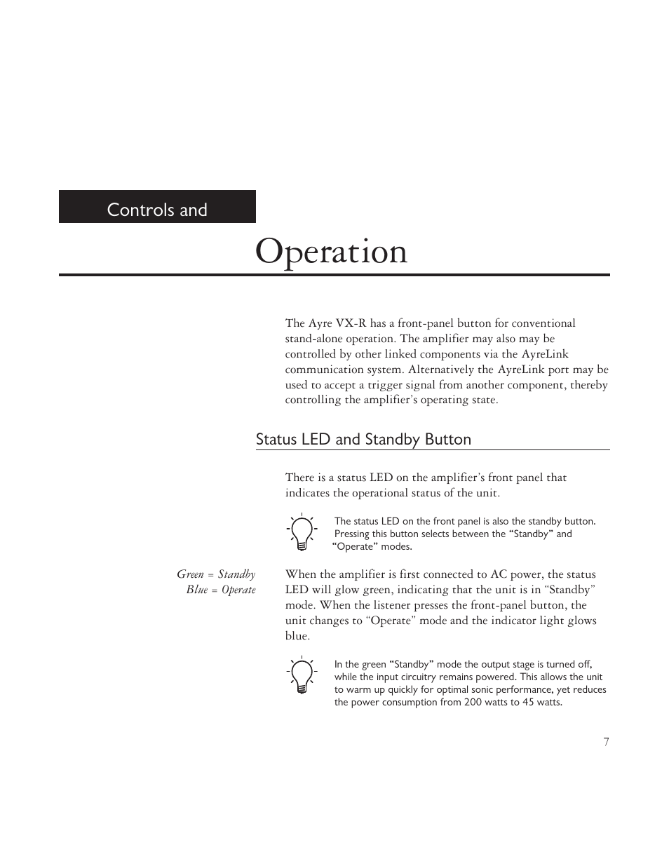 Operation, Controls and | AYRE VX-R User Manual | Page 7 / 24