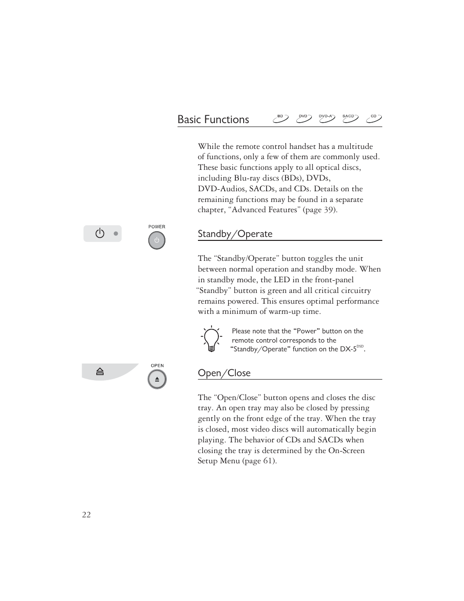Basic functions, Standby/operate, Open/close | AYRE DX-5DSD User Manual | Page 24 / 128