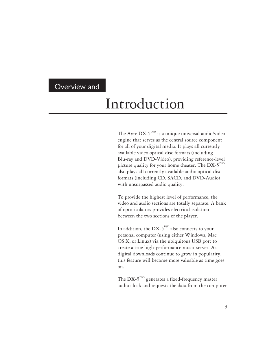 Introduction, Overview and | AYRE DX-5DSD User Manual | Page 5 / 128