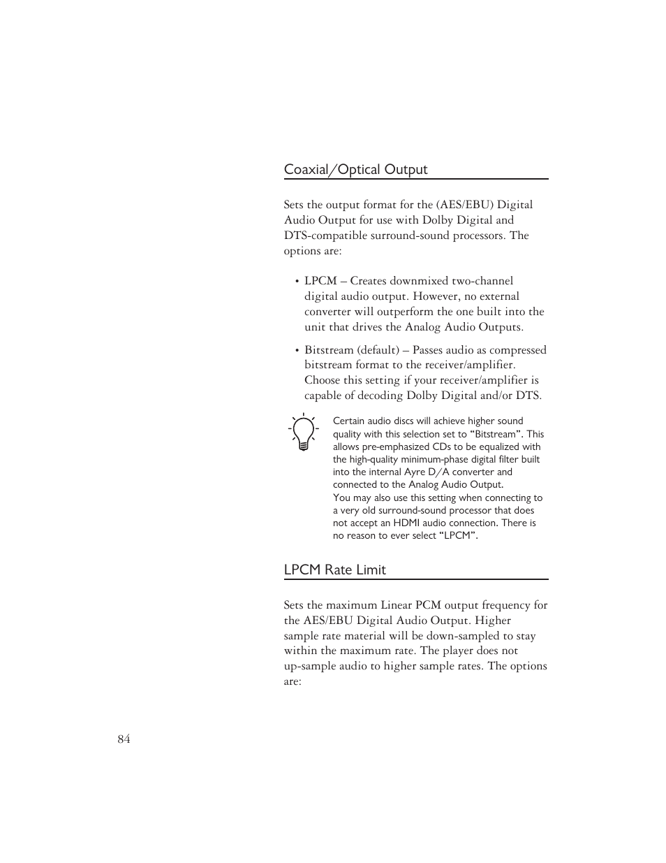 Coaxial/optical output, Lpcm rate limit | AYRE DX-5DSD User Manual | Page 86 / 128