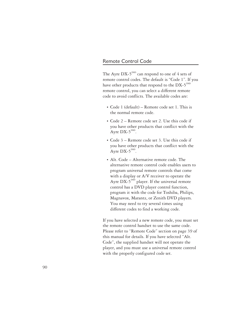 Remote control code | AYRE DX-5DSD User Manual | Page 92 / 128