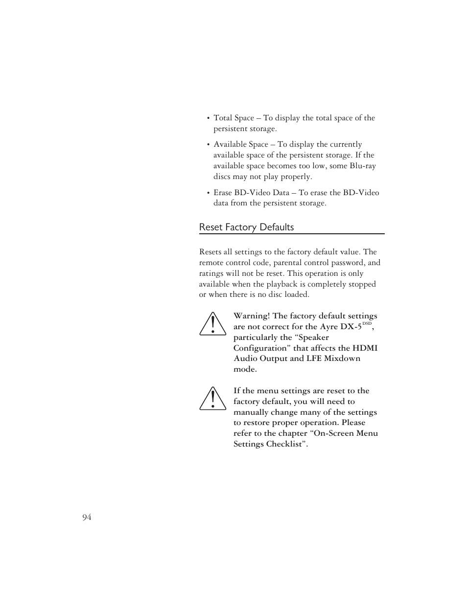 Reset factory defaults | AYRE DX-5DSD User Manual | Page 96 / 128