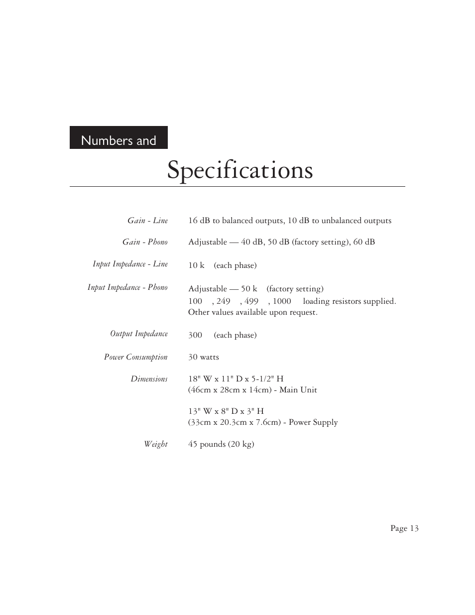 Specifications, Numbers and | AYRE K-1xe User Manual | Page 15 / 24