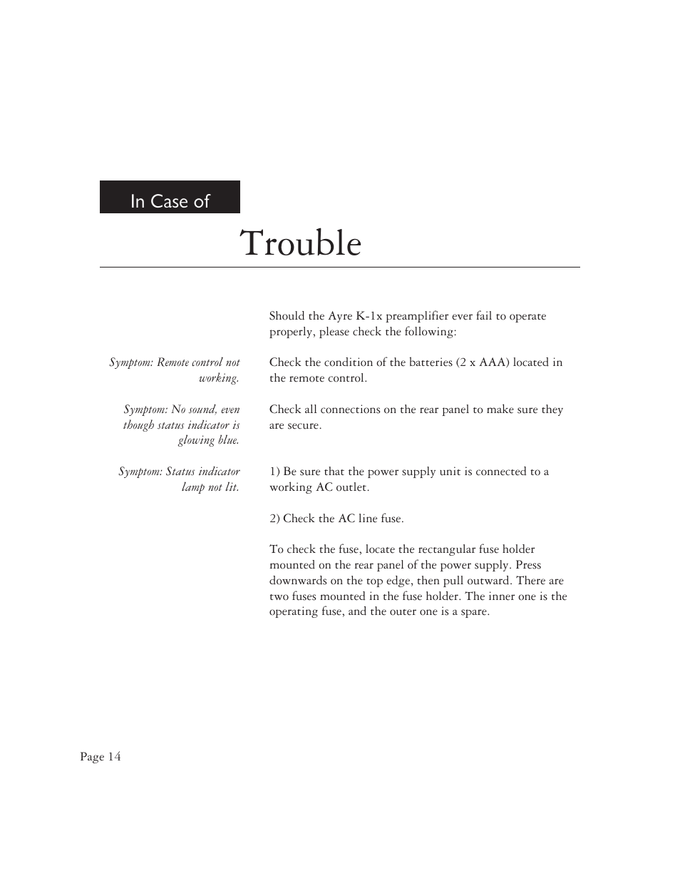 Trouble | AYRE K-1xe User Manual | Page 16 / 24