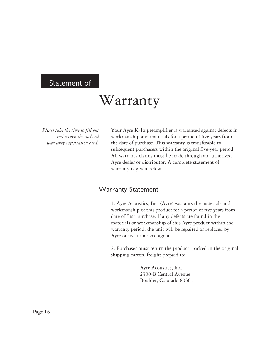 Warranty, Statement of | AYRE K-1xe User Manual | Page 18 / 24