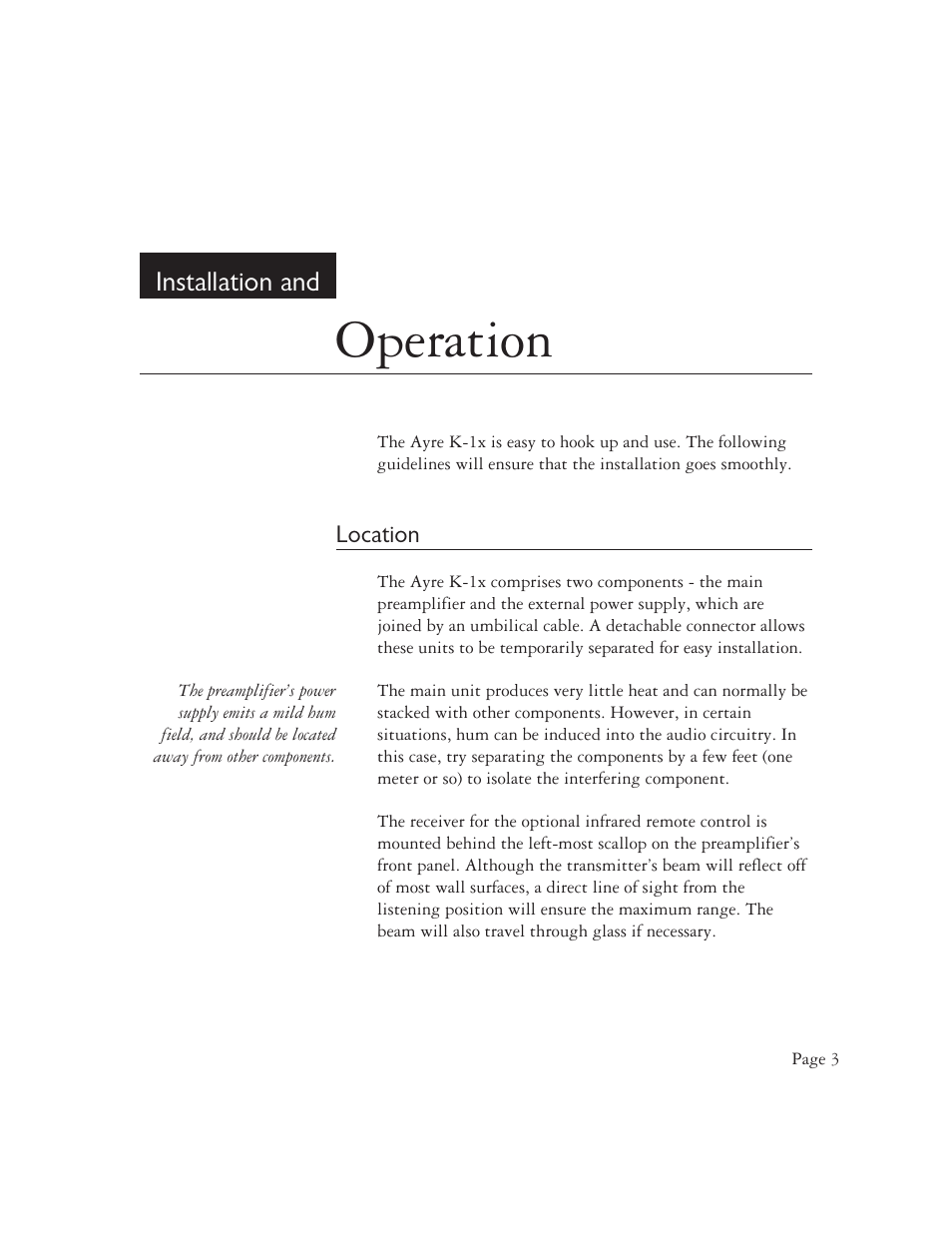 Operation, Installation and | AYRE K-1xe User Manual | Page 5 / 24