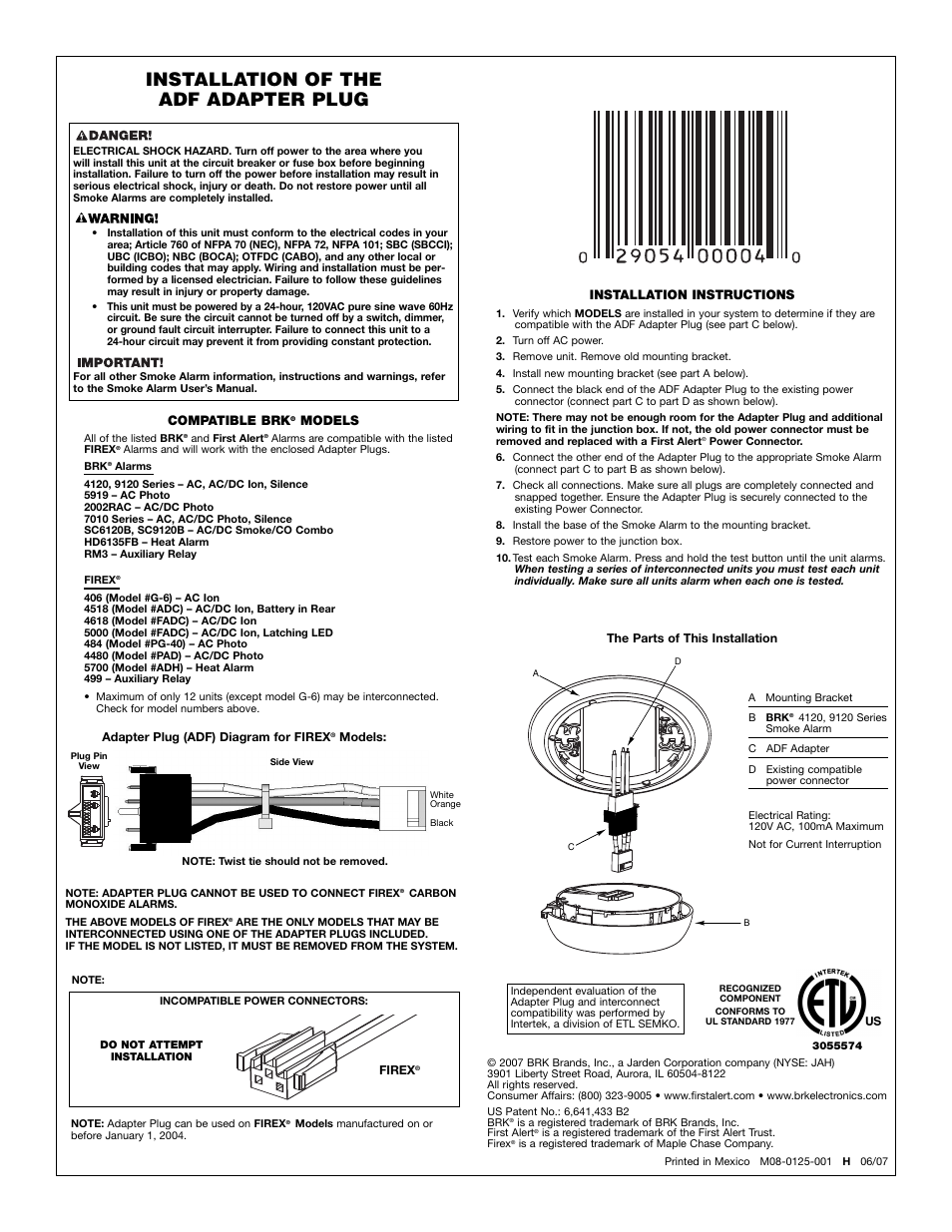 BRK electronic ETL ADF Adapter User Manual | 1 page