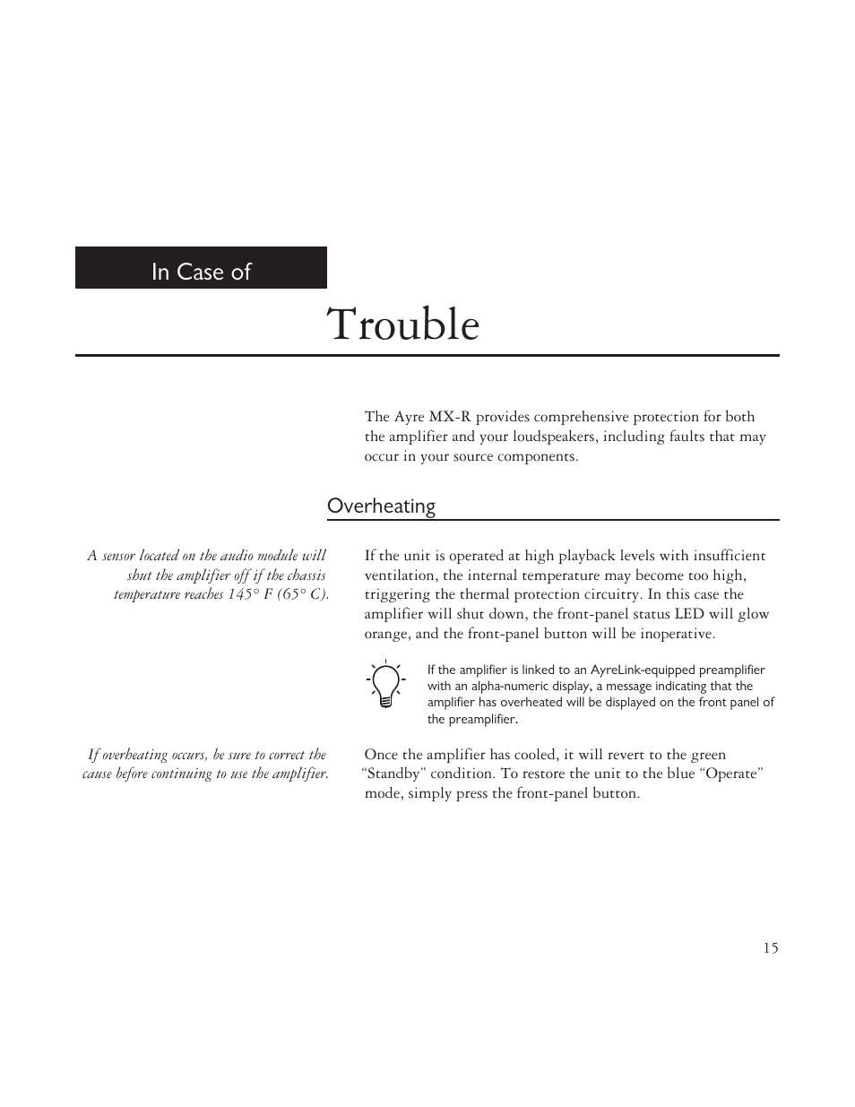 Trouble | AYRE MX-R User Manual | Page 15 / 24