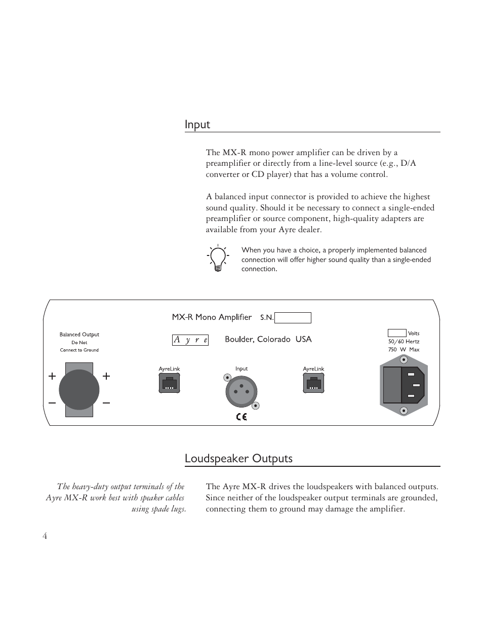 Input, Loudspeaker outputs | AYRE MX-R User Manual | Page 4 / 24