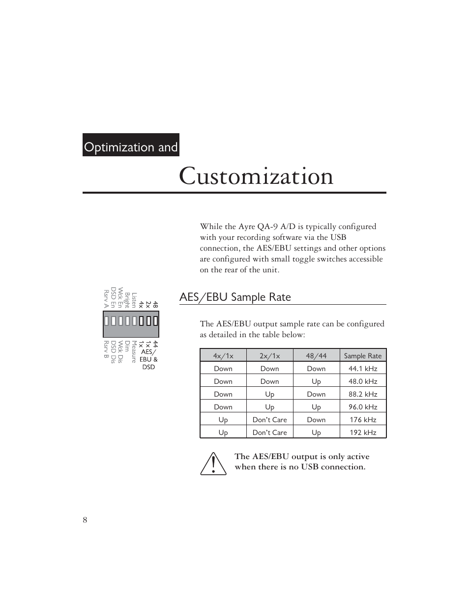 Customization, Optimization and, Aes/ebu sample rate | AYRE QA-9 User Manual | Page 10 / 24