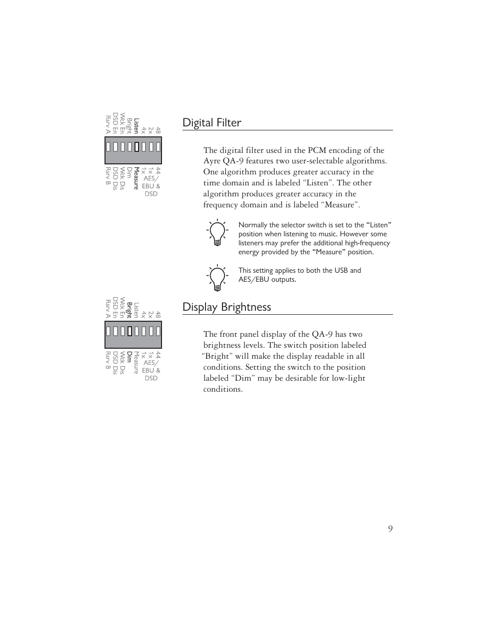 Digital filter, Display brightness | AYRE QA-9 User Manual | Page 11 / 24