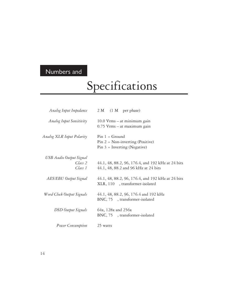 Specifications, Numbers and | AYRE QA-9 User Manual | Page 16 / 24