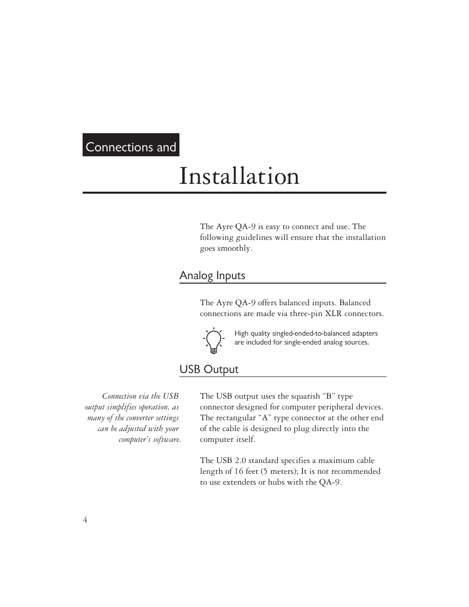 Installation, Connections and | AYRE QA-9 User Manual | Page 6 / 24