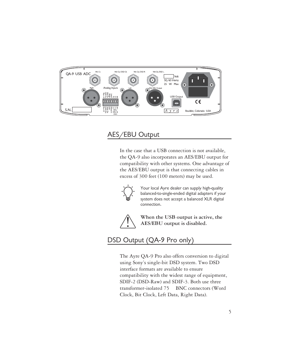 Aes/ebu output, Dsd output (qa-9 pro only) | AYRE QA-9 User Manual | Page 7 / 24