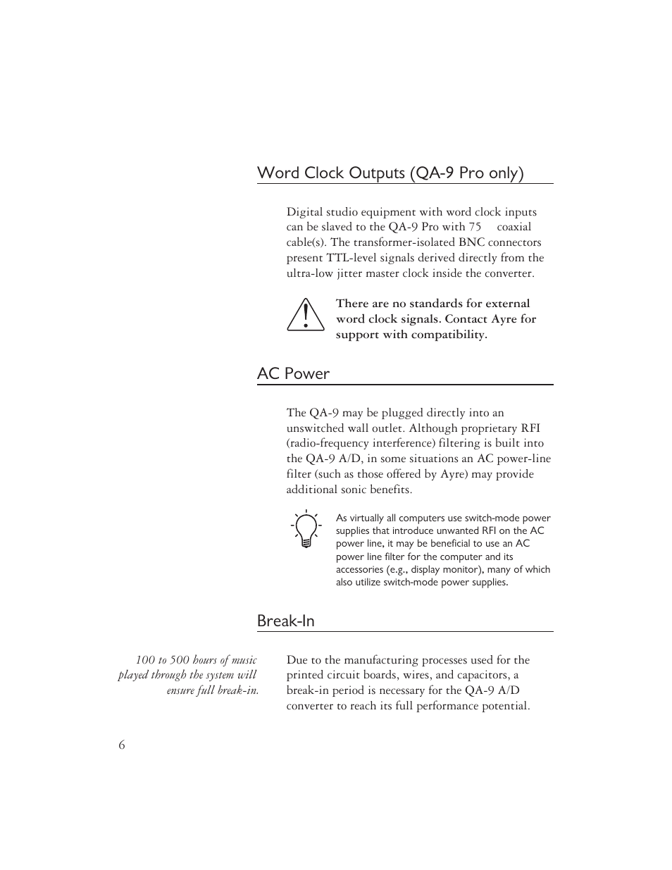 Word clock outputs (qa-9 pro only), Ac power, Break-in | AYRE QA-9 User Manual | Page 8 / 24