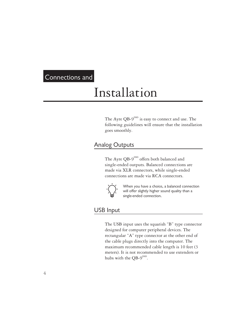 Installation, Connections and, Analog outputs | Usb input | AYRE QB-9DSD User Manual | Page 6 / 24