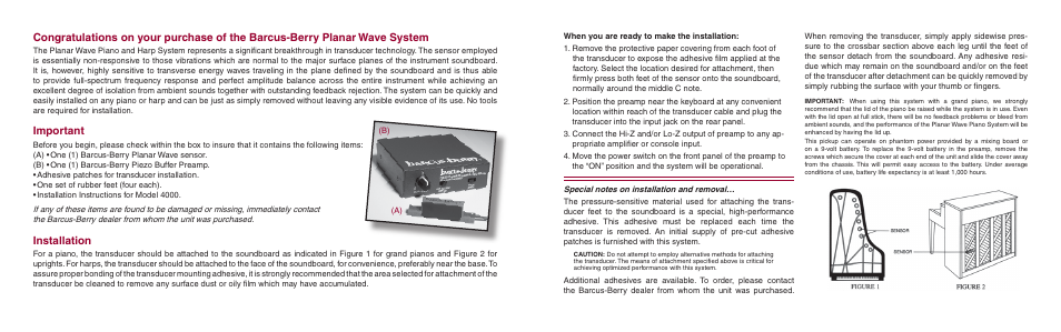 Important, Installation | Barcus Berry 4000 User Manual | Page 2 / 2