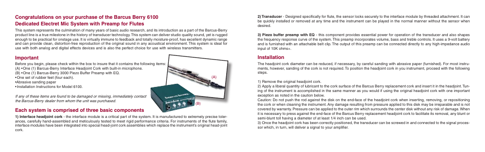 Important, Each system is comprised of three basic components, Installation | Barcus Berry 6100 User Manual | Page 2 / 2