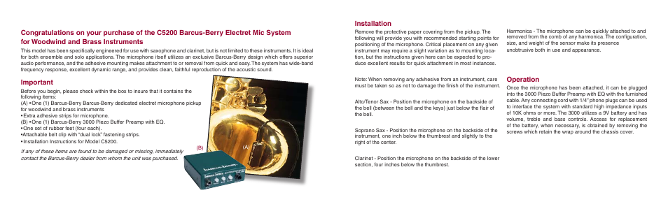 Important, Installation, Operation | Barcus Berry C5200 User Manual | Page 2 / 2