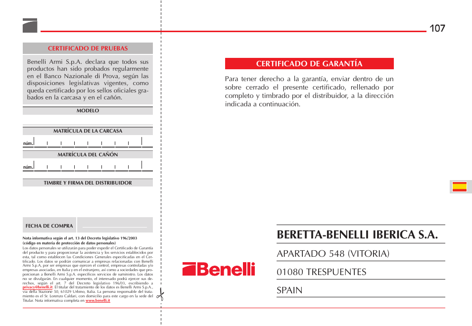 Beretta-benelli iberica s.a, Certificado de garantía | Benelli ETHOS Shotgun User Manual | Page 108 / 226