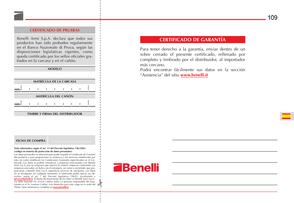 Certificado de garantía | Benelli ETHOS Shotgun User Manual | Page 110 / 226