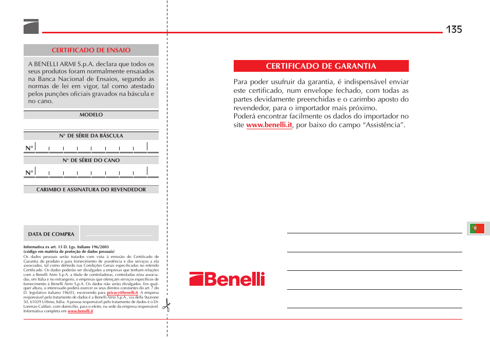 Certificado de garantia | Benelli ETHOS Shotgun User Manual | Page 136 / 226