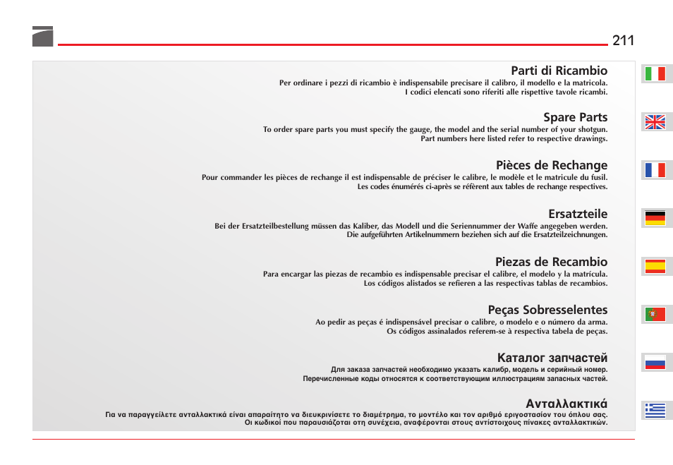 Parti di ricambio, Spare parts, Pièces de rechange | Ersatzteile, Piezas de recambio, Peças sobresselentes, Каталог запчастей, Ανταλλακτικ | Benelli ETHOS Shotgun User Manual | Page 212 / 226