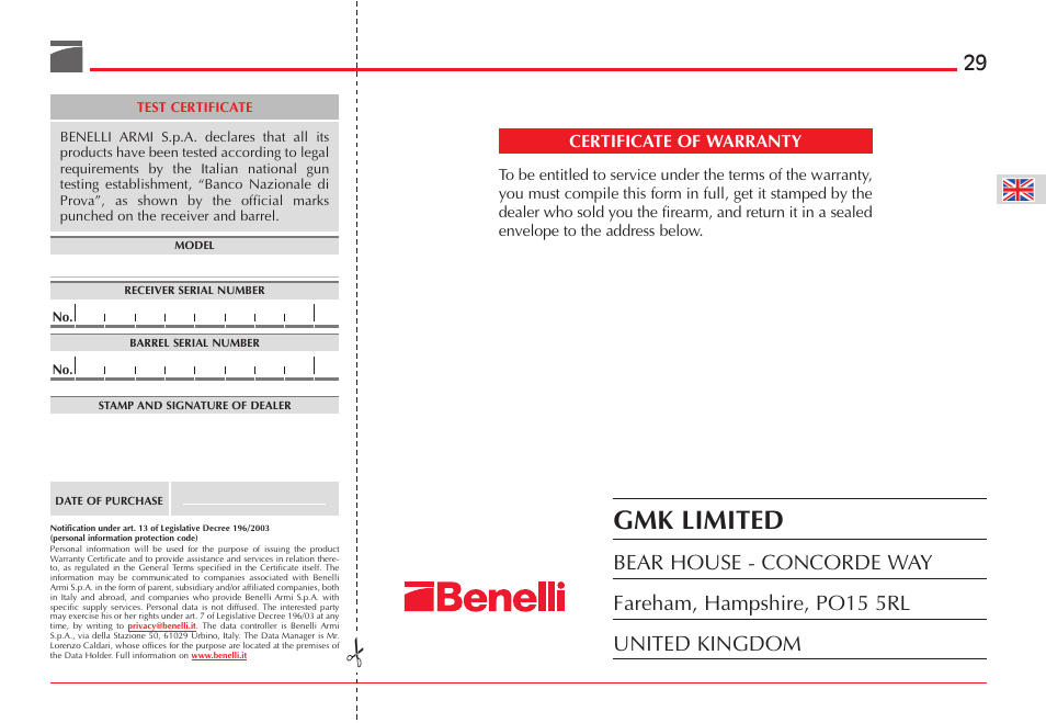 Gmk limited | Benelli ETHOS Shotgun User Manual | Page 30 / 226