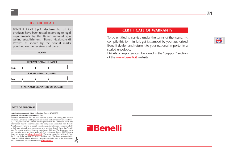 Certificate of warranty | Benelli ETHOS Shotgun User Manual | Page 32 / 226