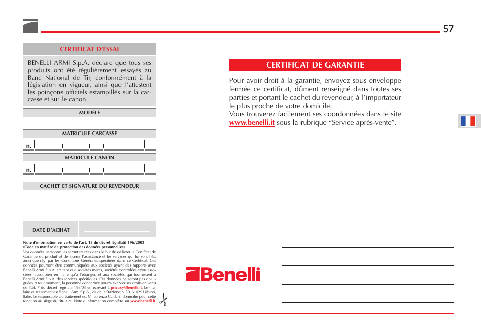 Certificat de garantie | Benelli ETHOS Shotgun User Manual | Page 58 / 226