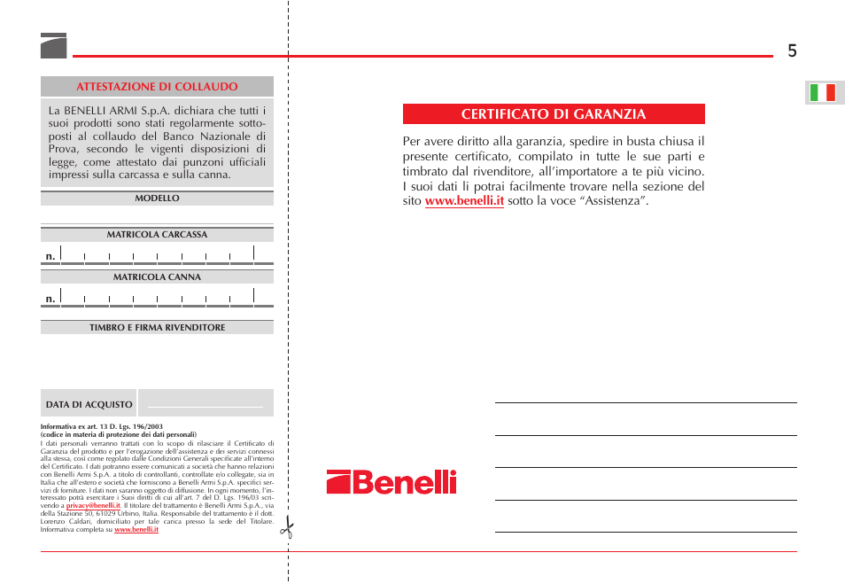 Certificato di garanzia | Benelli ETHOS Shotgun User Manual | Page 6 / 226