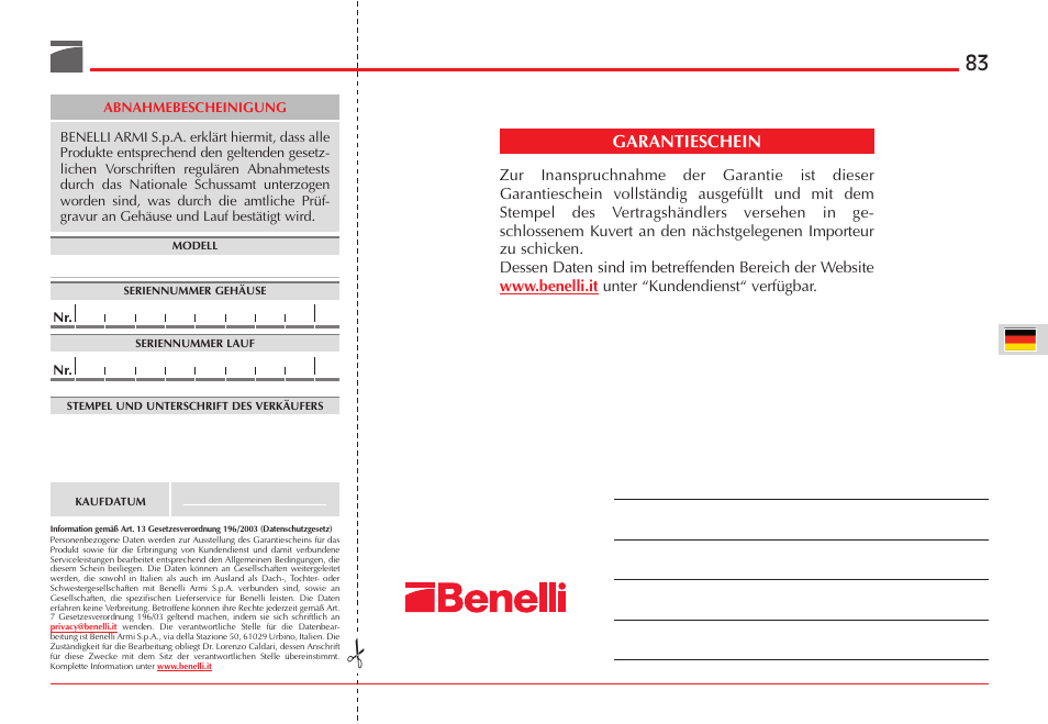 Garantieschein | Benelli ETHOS Shotgun User Manual | Page 84 / 226