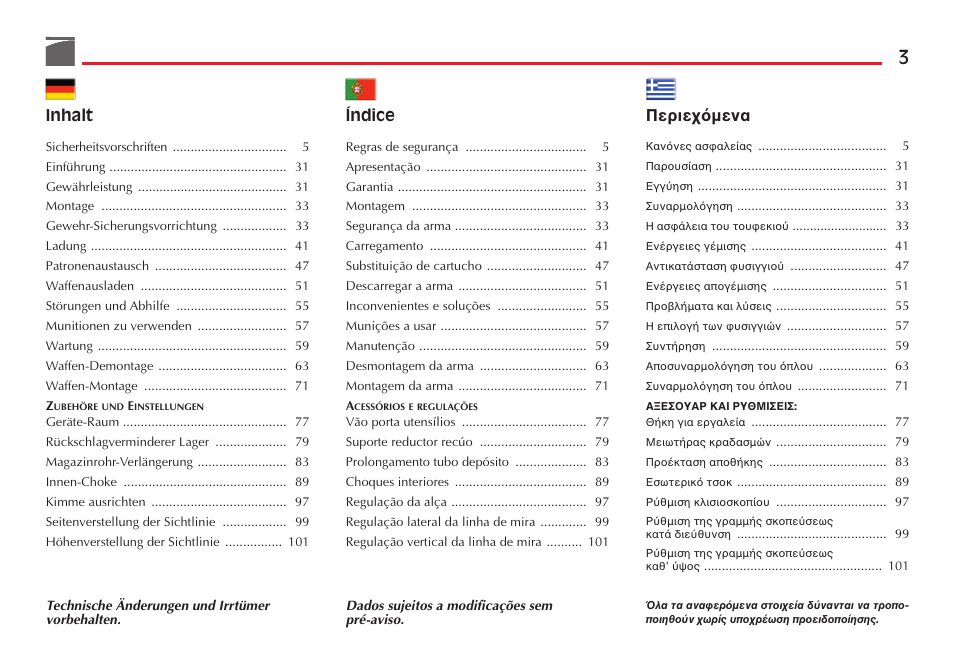 Inhalt, Índice, Есйечьменб | Benelli Nova Tactical Shotgun User Manual | Page 4 / 106