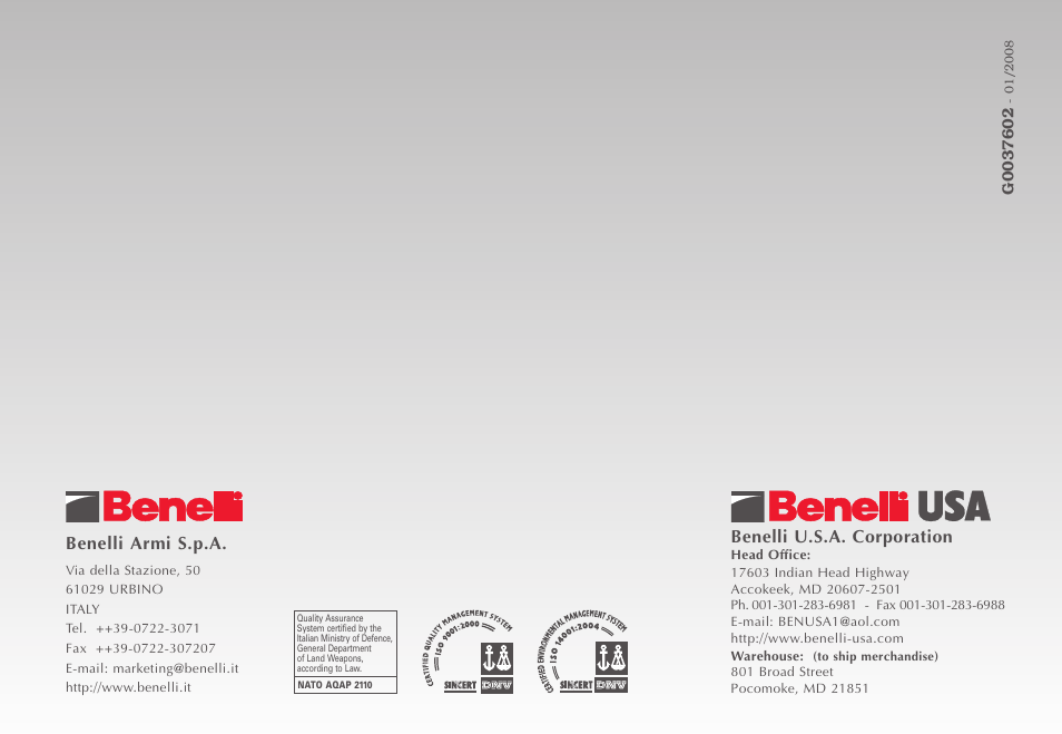 Benelli armi s.p.a, Benelli u.s.a. corporation | Benelli Super Black Eagle II Shotgun User Manual | Page 118 / 118