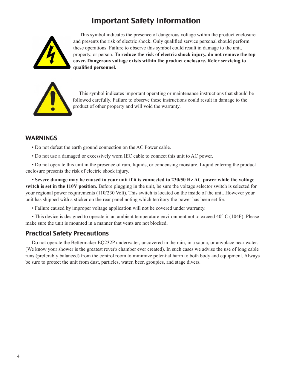 Important safety information | Bettermaker EQ 232P Remote User Manual | Page 4 / 30