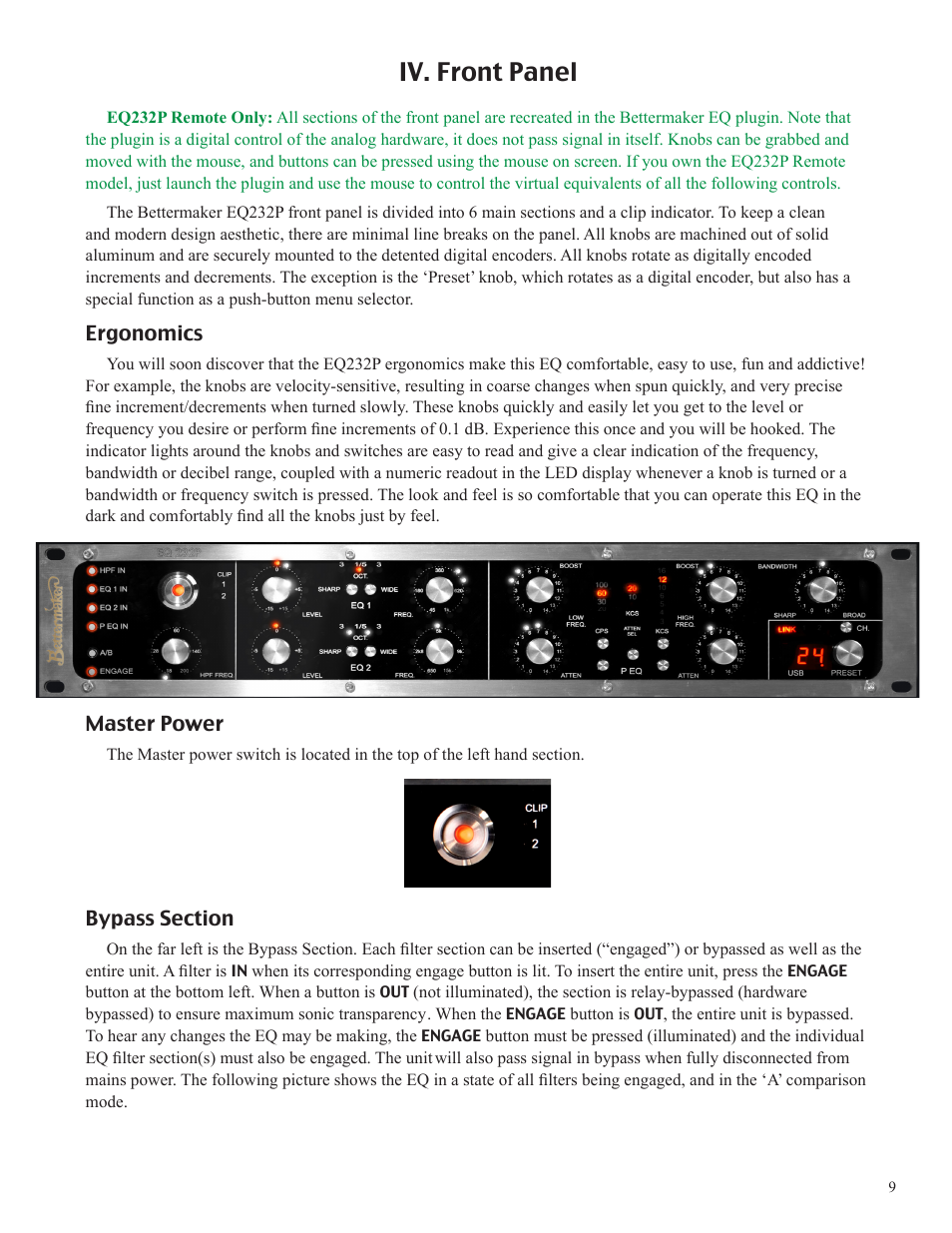 Iv. front panel | Bettermaker EQ 232P Remote User Manual | Page 9 / 30