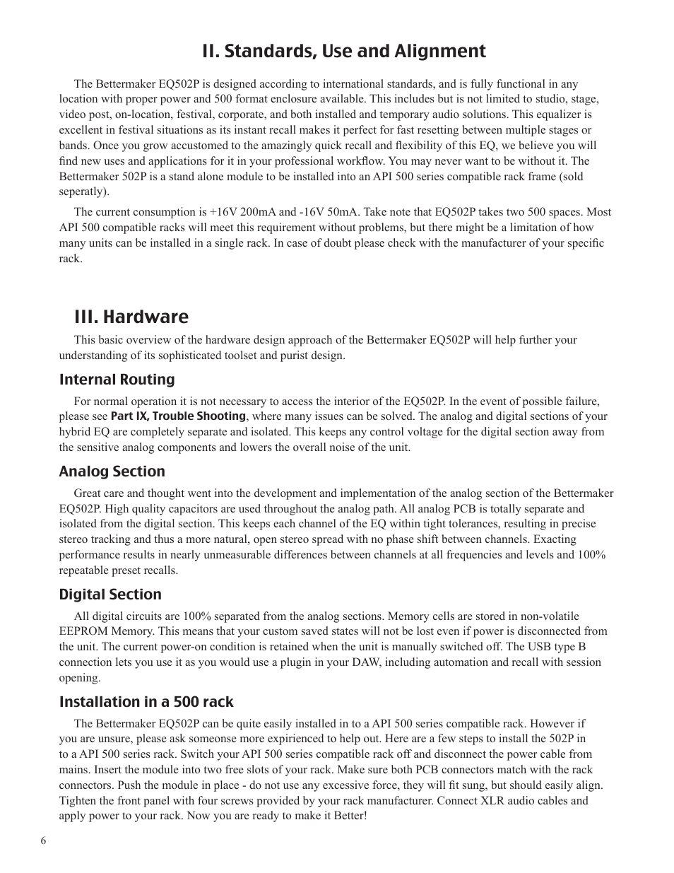 Ii. standards, use and alignment, Iii. hardware | Bettermaker EQ 502P User Manual | Page 6 / 19