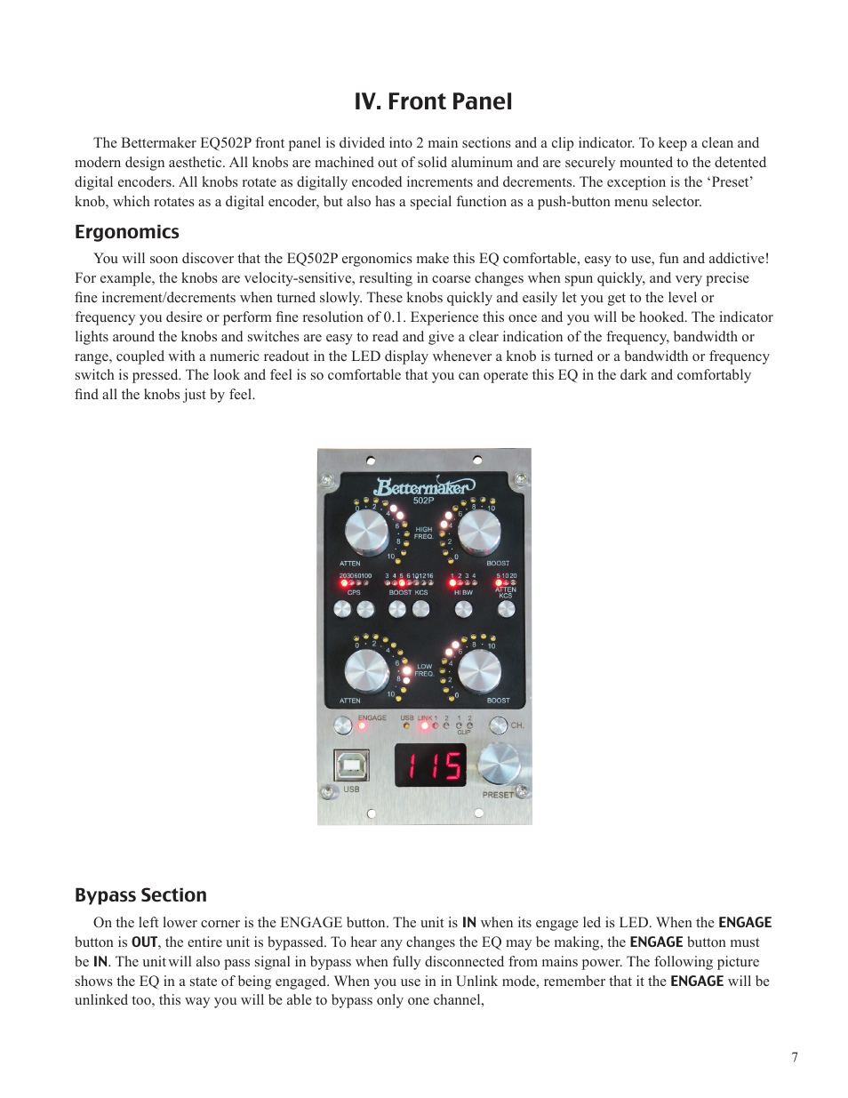 Iv. front panel | Bettermaker EQ 502P User Manual | Page 7 / 19