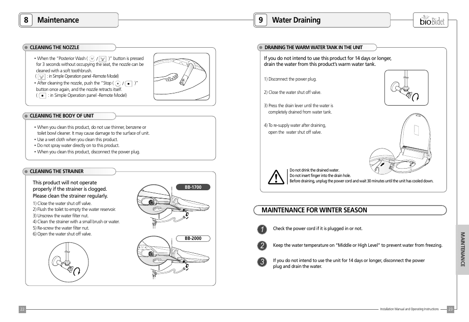 8maintenance 9 water draining, Maintenance for winter season | Bio Bidet BLISS Premier Class Bidet Seat User Manual | Page 12 / 14