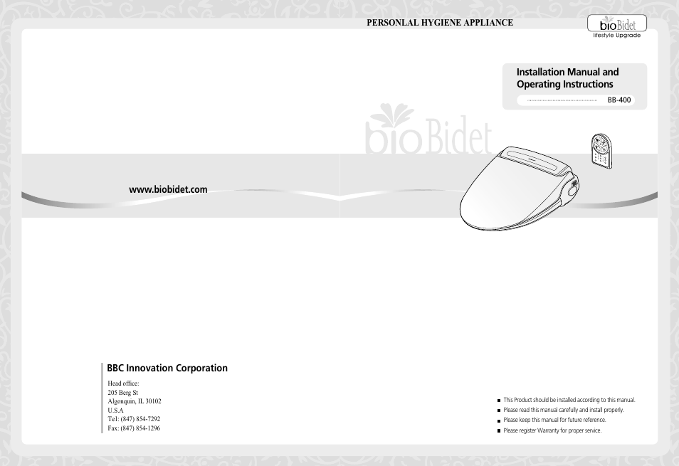 Bio Bidet Harmony Luxury Class Bidet Seat BB-400 User Manual | 12 pages