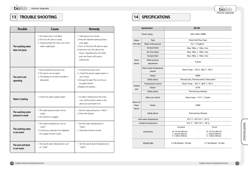 13 trouble shooting 14 specifications, Trouble cause remedy | Bio Bidet Harmony Luxury Class Bidet Seat BB-400 User Manual | Page 11 / 12