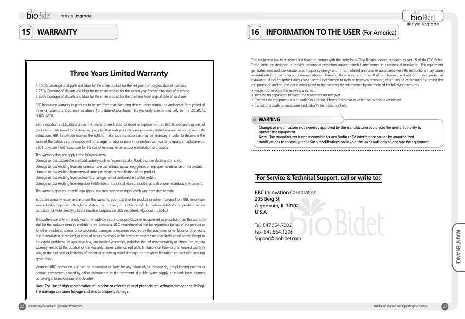 Three years limited warranty, 15 warranty 16 information to the user | Bio Bidet Harmony Luxury Class Bidet Seat BB-400 User Manual | Page 12 / 12