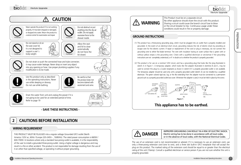 Caution, Danger, Warning | 2cautions before installation, This appliance has to be earthed | Bio Bidet Harmony Luxury Class Bidet Seat BB-400 User Manual | Page 4 / 12