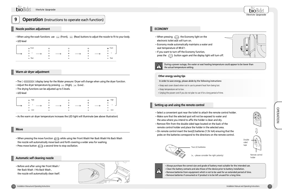 9operation, Instructions to operate each function) | Bio Bidet Harmony Luxury Class Bidet Seat BB-400 User Manual | Page 9 / 12