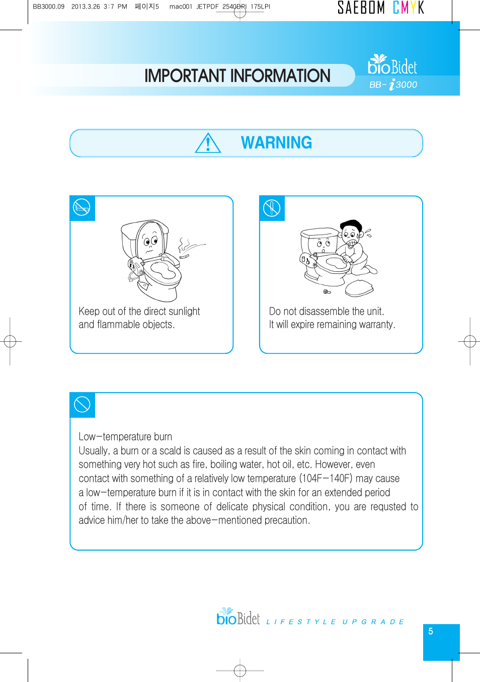 Important information, Warning | Bio Bidet Premium i3000 Bidet Seat User Manual | Page 5 / 20