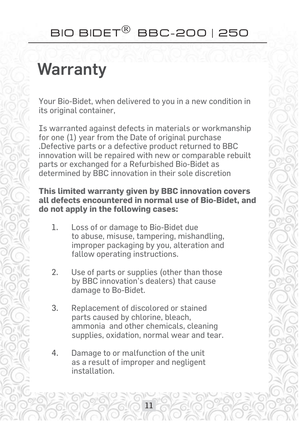 Warranty | Bio Bidet Envie Bidet Attachment BB-200 User Manual | Page 11 / 13