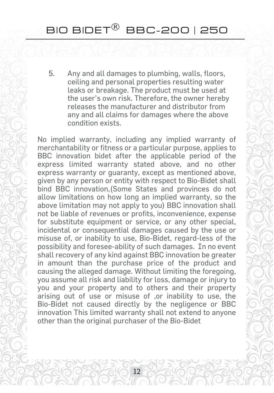 Bio Bidet Envie Bidet Attachment BB-200 User Manual | Page 12 / 13