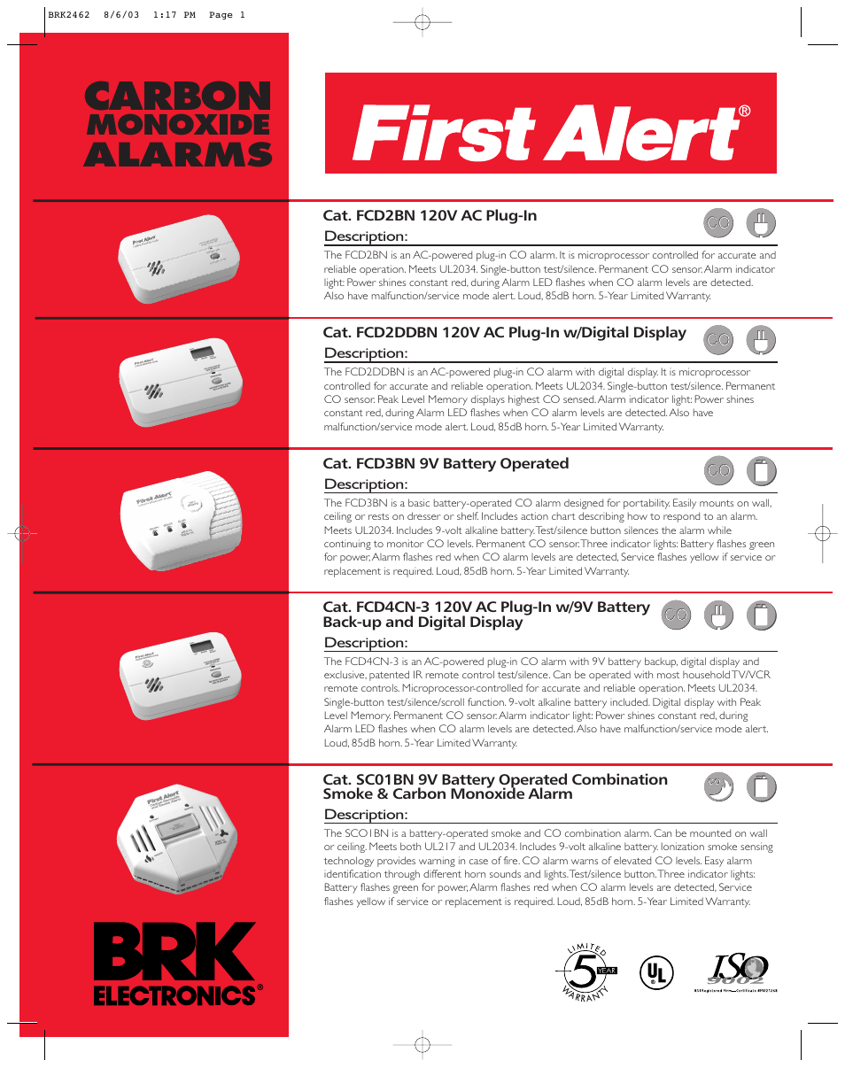 BRK electronic First Alert SCO1BN User Manual | 2 pages